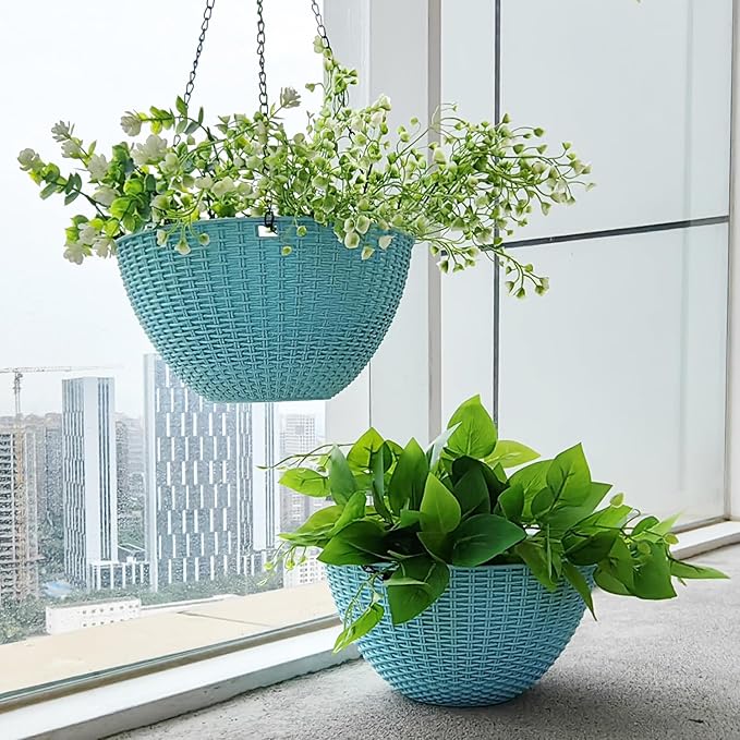 Hanging Planters for Outdoor Plants 8/10 Inch, 4 Packs Plant Hanger Indoor with Drainage Holes, Hanging Basket Flower Pot Perfect for Home, Office and Garden (Sky Blue)