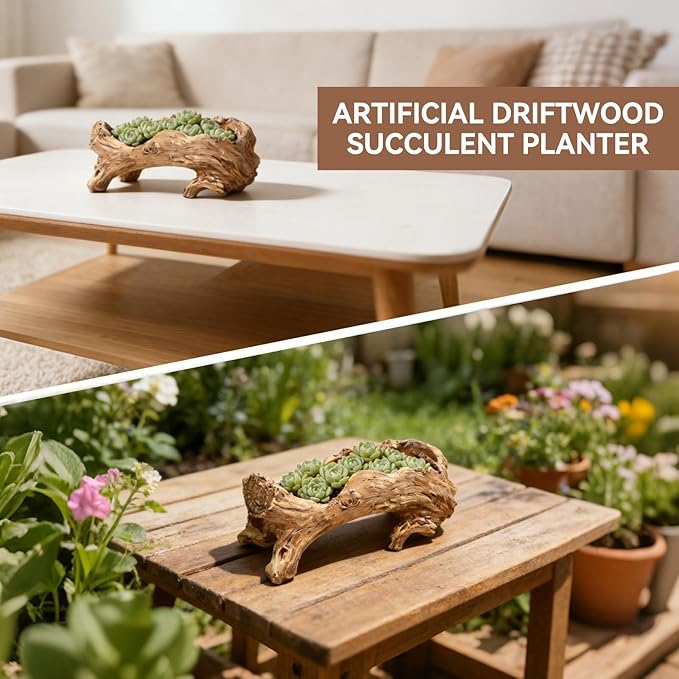 Artificial Driftwood Planter, Resin Tree Root Stump Succulent Pot with Drainage Hole, Vintage Log Shape Container for Cactus Herbs, Rustic Home Garden Decoration (14.6 Inch)