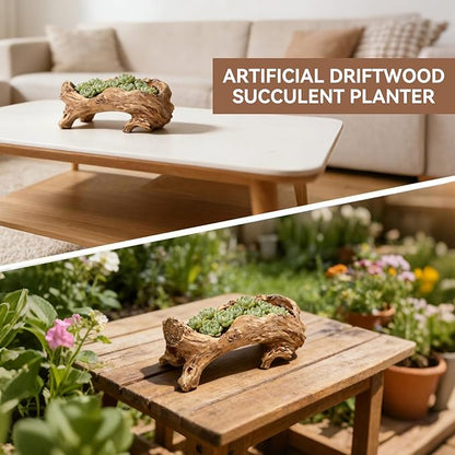 Artificial Driftwood Planter, Resin Tree Root Stump Succulent Pot with Drainage Hole, Vintage Log Shape Container for Cactus Herbs, Rustic Home Garden Decoration (14.6 Inch)