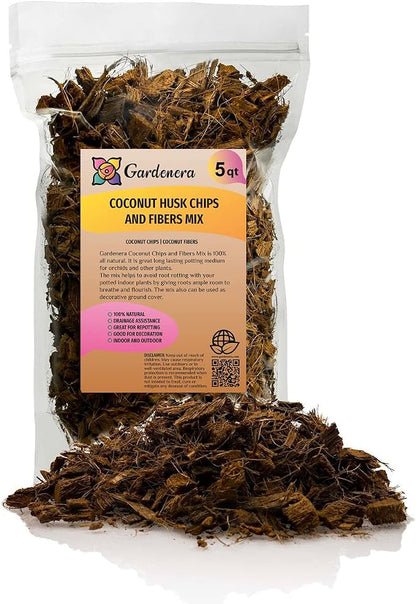 Premium Coconut Husk Chips and Fibers Mix for Orchids, Houseplant, Monstera and Fiddle Leaf Fig by GARDENERA (5 Quart Bag)
