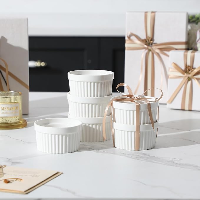 MALACASA Ramekins 4 oz Oven Safe, Porcelain Creme Brulee Ramekins Pudding Custard Cups Small Ceramic Souffle Dishes Ramakan Ramiken Ramicans Baking Bowls Set of 6, White, Series RAMEKIN-DISH