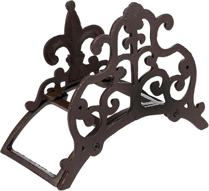 MyGift Dark Coffee Cast Iron Wall Mounted Garden Water Hose Holder, Decorative Vintage Fleur De Lis Floral Scrollwork Waterhose Reel Hanger Storage Rack