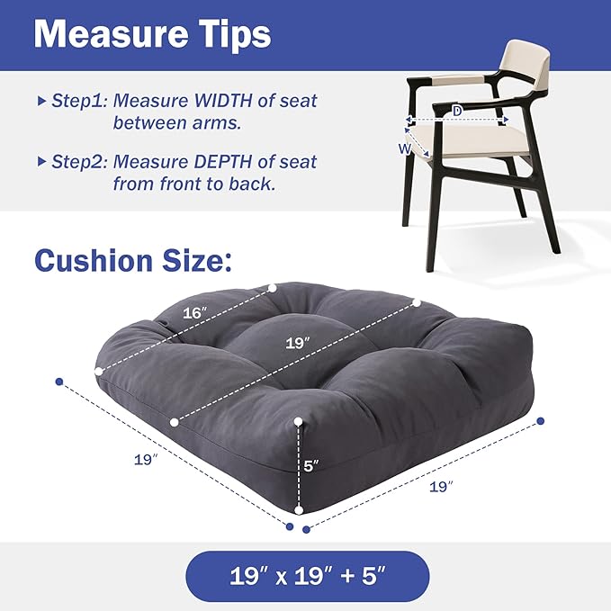 Outdoor Chair Cushions Set of 4, Patio Chair Cushions with Ties, 19x19+5” Tufted Outdoor Seat Cushions, Waterproof Patio Furniture Cushions, Outdoor Dining Chair Pads, Dark Grey