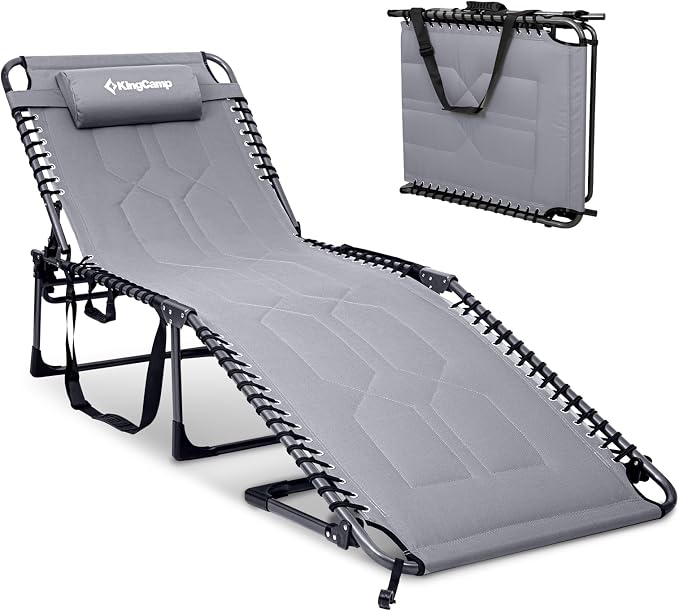 KingCamp Oversized Tanning Chair, Extra-Wide Padded Folding Chase Lounge Chairs Portable Adjustable 5-Position 440lbs Heavy Duty Lounger with Double-Layer Oxford for Outdoor Beach Patio Sun Pool Grey