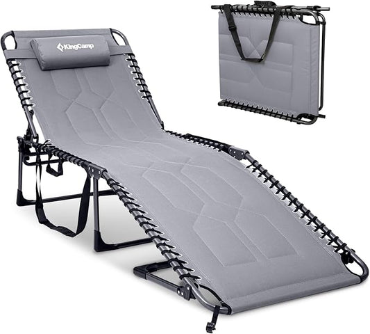 KingCamp Oversized Tanning Chair, Extra-Wide Padded Folding Chase Lounge Chairs Portable Adjustable 5-Position 440lbs Heavy Duty Lounger with Double-Layer Oxford for Outdoor Beach Patio Sun Pool Grey