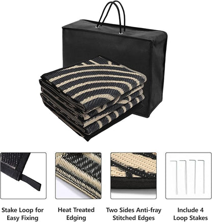 Anidaroel Patio Rugs Outdoor 6’x9’ Clearance Waterproof, Reversible Rainbow Outdoor Plastic Straw Outside Rugs, RV Outdoor Rugs for Camping, Porch, Balcony, Backyard (Black&Brown, 6‘X9')