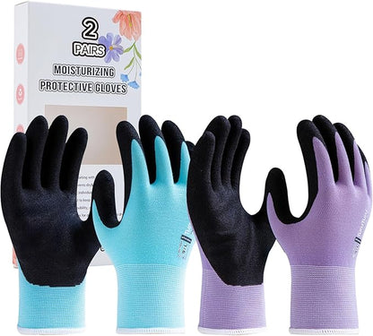 HandLove 2 Pairs Gardening Gloves for Women-Moisturizing Durable Work Gloves.Latex-free Sandy Nitrile Coated for Yard Garden,Touchscreen Friendly Protective Work with Grip, Large,Blue&Purple