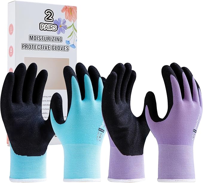 HandLove 2 Pairs Gardening Gloves for Women-Moisturizing Durable Work Gloves.Latex-freeSandy Nitrile Coated for Yard Garden,Touchscreen Friendly Protective Work with Grip, Small,Blue&Purple
