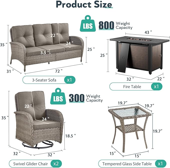 5 Piece Patio Furniture Set with Fire Pit Table - Wicker Patio Conversation Set with Swivel Glider, 3-Seat Sofa, Tempered Glass Side Table for Deck Backyard - Grey Wicker Grey Cushion