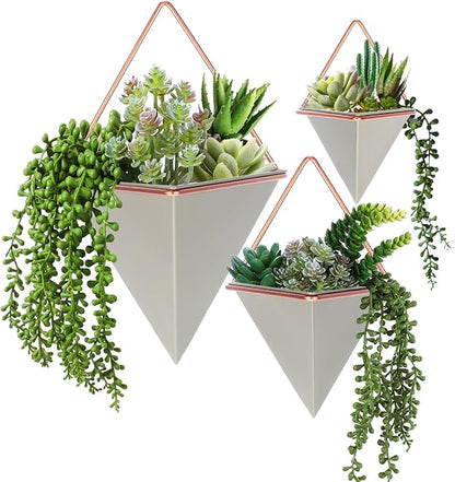 Rtteri 15 PCS Gray Wall Hanging Planter Set with Artificial Succulents, 3 Ceramic Geometric Wall Planters in 3 Sizes, Modern Indoor Decor for Living Room Bathroom Office