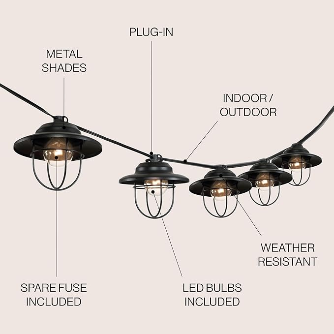 JONATHAN Y JYL8703A Indoor Outdoor Rustic Farmhouse Incandescent G40 Metal Cage Shade String Lights Garden Patio Backyard Porch Balcony, 10 ft. 10-Light, Black