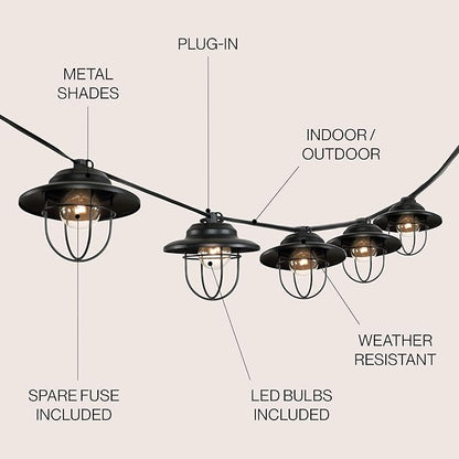 JONATHAN Y JYL8703A Indoor Outdoor Rustic Farmhouse Incandescent G40 Metal Cage Shade String Lights Garden Patio Backyard Porch Balcony, 10 ft. 10-Light, Black