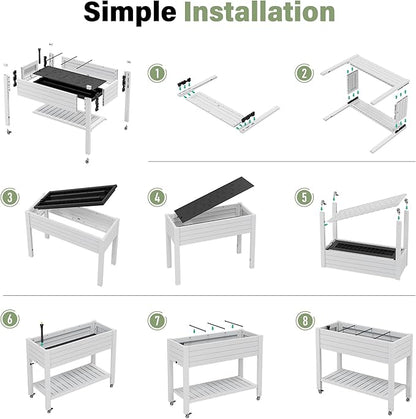 Raised Garden Bed with Wheels, Divisible Resin Planter Box with Drainage Gauge & Storage Shelf, Herb Planter for Garden Patio Backyard, White
