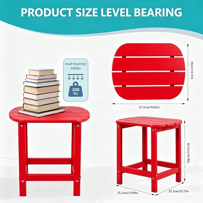 Plawdlik Adirondack Side Table, Wooden Textured,Hdpe Outdoor Weather Resistant Set for Patio, Garden, Porch, Pool, Backyard & Red