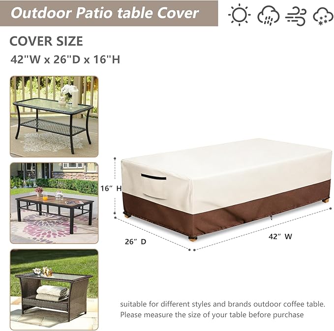 Waterproof Patio Coffee Table Cover, Rectangular Outdoor Small Side Table Cover - Fits up to 42L x 26W x 16H inches, Beige