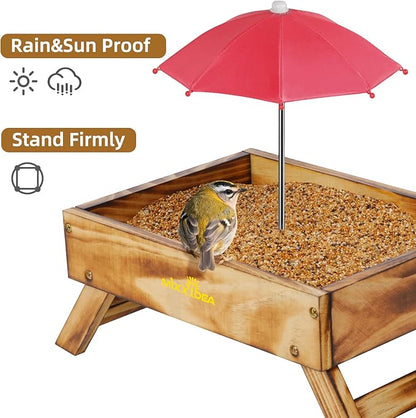 Ground Bird Feeder for Outdoors Bird&Squirrel Feeder Wooden Chicken Picnic Table Platform Feeder Wild Bird Feed Crow Feeder for Outside with 5 LBS Capacity (Brown)