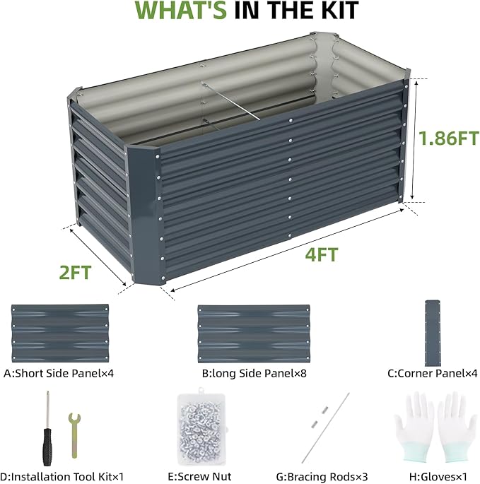 4x2x1.86ft (2 Pack) Raised Garden Bed - Galvanized Deep Root Planter Boxes Outdoor with Wing Nuts and Safety Edges for Gardening Vegetables, Flowers, Herbs, Succulents - Gray