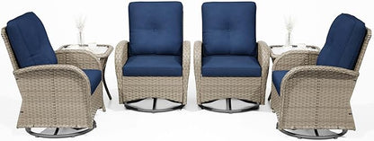 Joyside Outdoor Swivel Rocker Chairs, 6 Piece Wicker Patio Set with Thick Cushion and Side Table, Rattan Patio Swivel Rocking Chairs for Porch, Deck Use (Natural/Blue, 6 PCS)