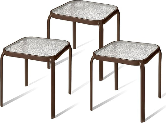 Bronze Metal Outdoor Side Table with Tempered Glass Top Set of 3 – Elegant Small 16" Square Patio Table – Durable Weather-Resistant Coffee Bistro Accent End Table for Outside and Garden