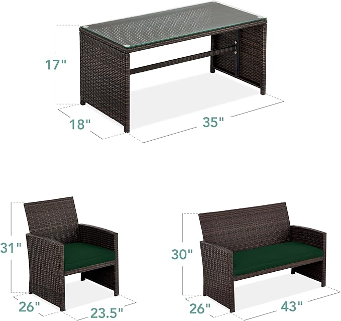 Best Choice Products 4-Piece Outdoor Wicker Patio Conversation Furniture Set for Backyard w/Coffee Table, Seat Cushions - Brown/Midnight Green