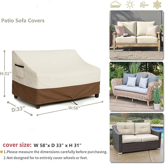 Outdoor Sofa Cover, Waterproof Patio Furniture Cover 58.3W x 32.7D x 31H inches Heavy Duty 600D Oxford Fabric Beige and Brown