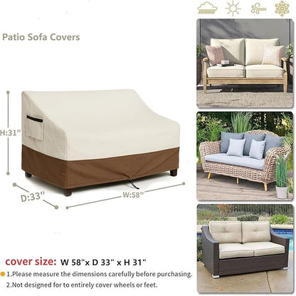 Outdoor Sofa Cover, Waterproof Patio Furniture Cover 58.3W x 32.7D x 31H inches Heavy Duty 600D Oxford Fabric Beige and Brown