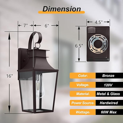 Outdoor Wall Lantern, 𝟏𝟔 𝐈𝐍𝐂𝐇 Dusk to Dawn Outside Light Wall Sconce with E26 Sockets & Clear Glass Shades, Oil Rubbed Bronze Waterproof Outdoor Lights for House Front Door Porch