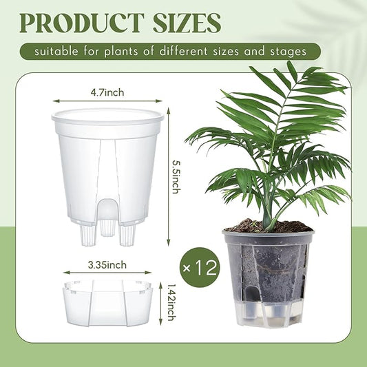 Wonderjune Self Watering Pots for Indoor Plants with Deep Reservoir and High Drainage Holes for Outdoor Plants and Flowers, Bare Root Planter (4.72'',Clear,12 Pcs)
