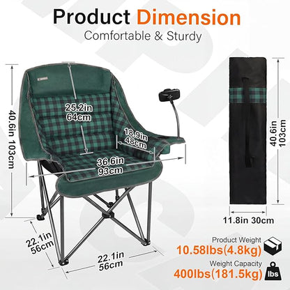 Oversized Camping Chairs for Adults- Heavy Duty Extra Large Lawn Chair,Folding Comfy Padded Camp Chair for Outdoor Sports Garden Beach Fishing,Wide&Thick,Green Plaid