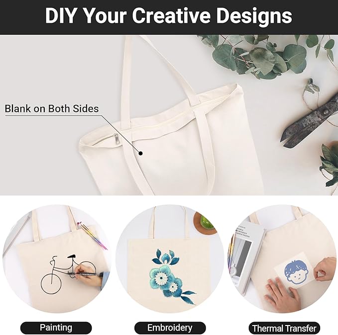 Segarty Canvas Tote Bag with Zipper, 12 Pack 16x13 Reusable Storage Bags for Women, Blank Canvas Tote Aesthetic with Natural Cotton Cloth, Shoulder Strap, Bulk for DIY, Grocery, Beach, Travel，Gift