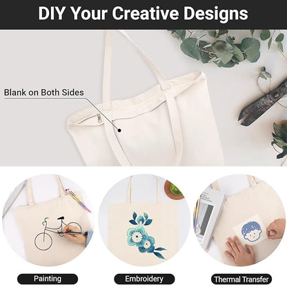 Segarty 3PCS 16.5x13 inch Natural Heavy DIY Tote for Crafting, Ironing and Embroidering, White Canvas Reusable Grocery Shopping Bag with Zipper