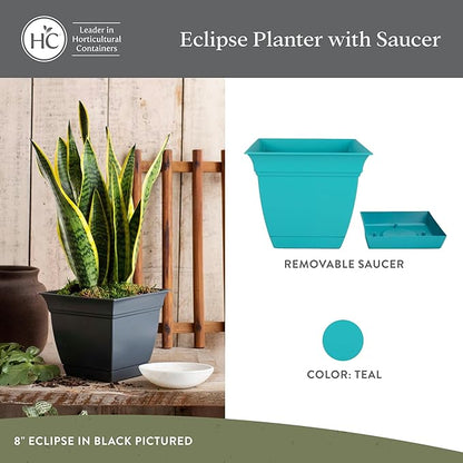 The HC Companies 10 Inch Eclipse Square Planter Pots with Drainage Holes & Attached Saucer, Lightweight UV-Resistant Plastic Indoor Outdoor Planters, 2-Pack Flower Pots for Garden & Home Decor, Teal