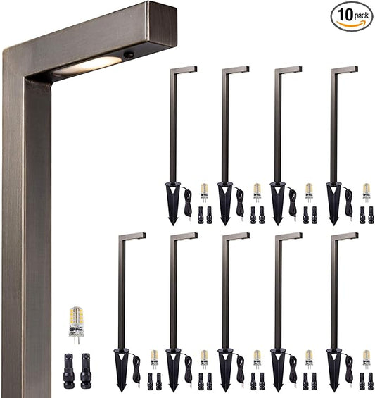 Gardenreet Brass Landscape Path Lights, LED 12V Low Voltage Pathway Lights Wired, Modern Outdoor Garden Lights Waterproof, L Shape Bronze for Patio Lawn with 3W 270LM 2700K G4 Bulb 10 Pack