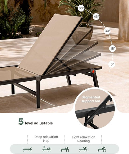 Aluminum Chaise Foldable Patio Lounge Chair Outdoor, Metal Deck Lounger Adjustable 5-Position Recliner Pool Chase Breathable Full Flat Outside Sun Tanning Chairs for Beach/Poolside/Lawn(Khaki, 2 Pack)