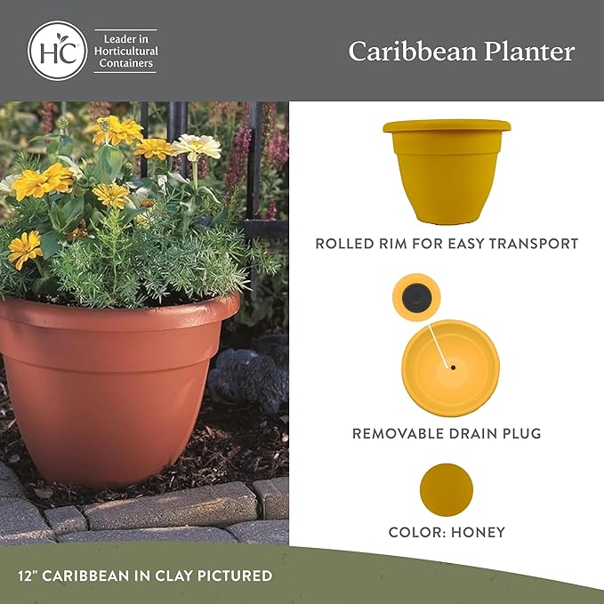 The HC Companies Caribbean Planter Pot - Outdoor & Indoor Plant Pot with Drainage Hole & Plug - Rolled Rim Plastic Pots for Plants & Flowers - Decorative Plant Pot (12" Honey, Pack of 1)