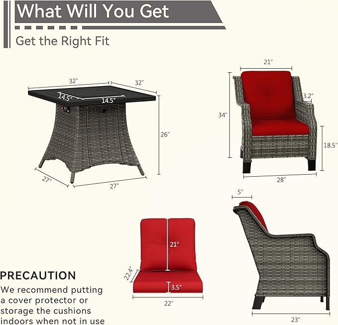 3-Piece Wicker Patio Furniture Set, 2 Armchairs and 1 Fire Pit, Conversation Set with Cushions, Red