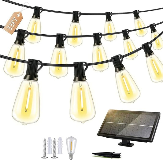Outdoor Solar String Lights Waterproof: ST38 33ft Shatterproof Patio Lights - Solar Powered & USB Dual Charging - 3 Modes Button Control - Garden Backyard Gazebo Porch Party Decor