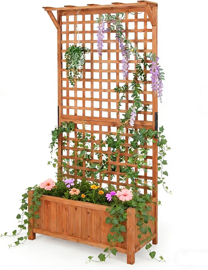 COSTWAY Raised Garden Bed with Trellis, Indoor & Outdoor Wooden Planter Box with Hanging Roof, Drainage Holes, Freestanding Vertical Planter for Vines, Climbing Plants, Flowers, Vegetables