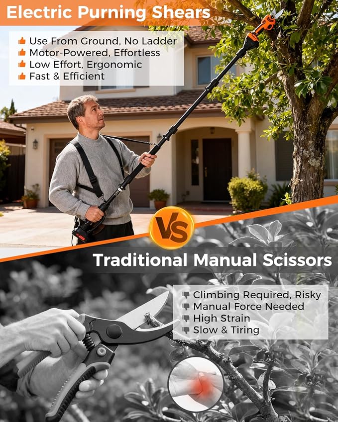 COMOWARE Electric Pruning Shears, 2-in-1 Cordless Pruner with 7ft Extension Pole, 2 × 21V 2.0Ah Battery Powered Pole Pruner, Garden Tool for Tree Trimming Branch Cutter, LCD Display