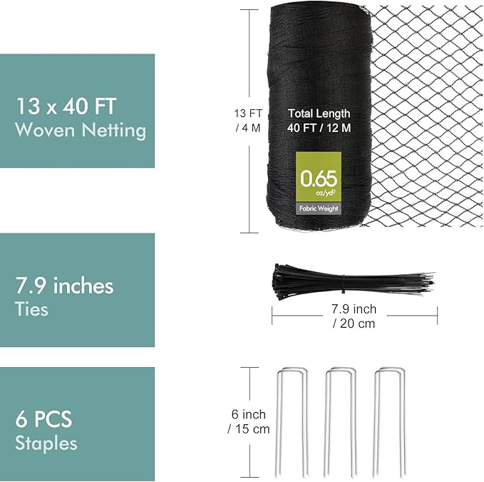 Bird Netting for Garden, Fetanten 13 x 40 FT Netting for Garden Protection Vegetables Fruit Trees Blueberry from Birds Deer Poultry, Heavy Duty Woven Mesh Net Animal Fencing with Ties and Staples