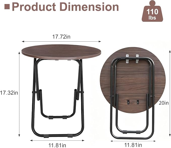 VECELO Patio Outdoor Side Table,17.7 inch Small Folding Table Round Waterproof Wood Table, Foldable Anti-Rust Metal Legs Snack Desk for Garden Balcony,Yard,Living Room