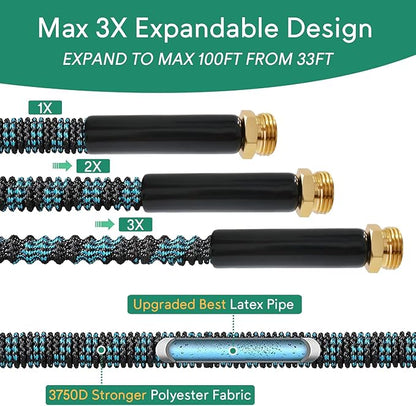 Expandable Garden Hose 100ft with 10 Function Nozzle, 2026 No Kink Water Hose 100 ft, Leak-proof Sturdy Brass Fittings, Durable 3750D Fabric, Lightweight, Flexible for Outdoor Watering, Car Washing
