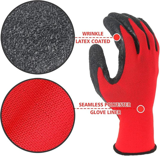 Evridwear Crinkle Latex Rubber Hand Coated Safety Work Gloves for Men Women General Multi Use Construction Warehouse Gardening Assembly Landscaping,Red Large 120 Pairs Pack