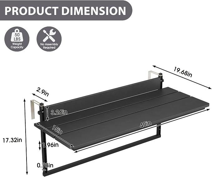 Sundale Outdoor 40" Large Folding Balcony Table for Railing, Patio HDPE Bar Adjustable Hanging Table for Baluster Garden Deck, Black