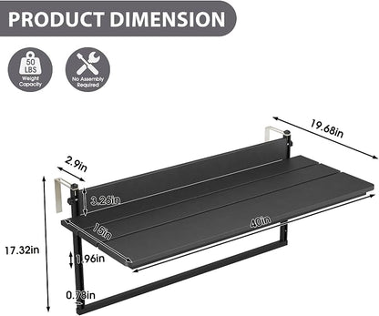 Sundale Outdoor 40" Large Folding Balcony Table for Railing, Patio HDPE Bar Adjustable Hanging Table for Baluster Garden Deck, Black