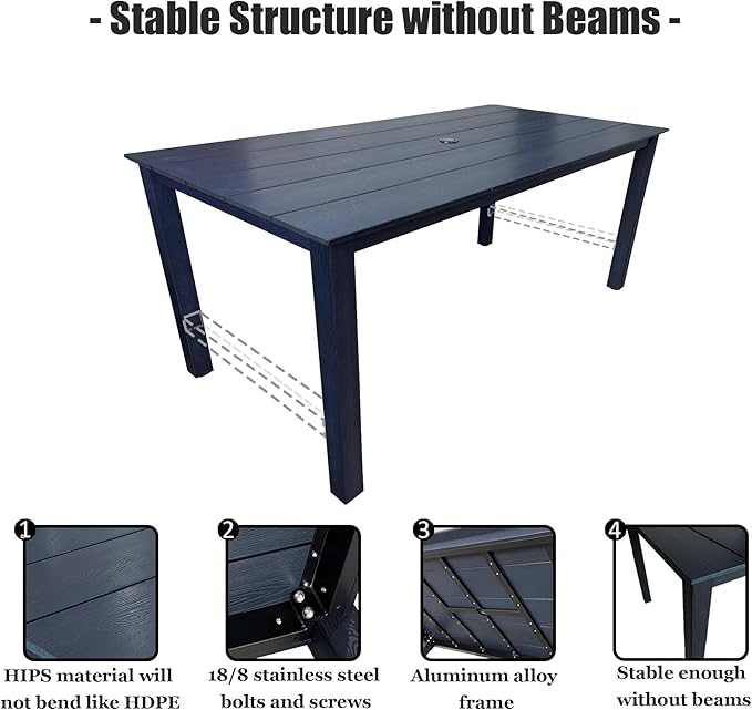 70.9-Inches Poly Lumber Outdoor Dining Table, HIPS Patio Dining Table with Umbrella Hole, Weather Resistant (Navy Blue, 1 Piece)