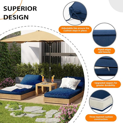 Sundale Outdoor Olefin Chaise Lounge Cushion, Water-Resistant Patio Lounge Chair Cushion, Thick Lounger Pad with 4 Straps Dark Blue, 72 x 21 x 4 Inches