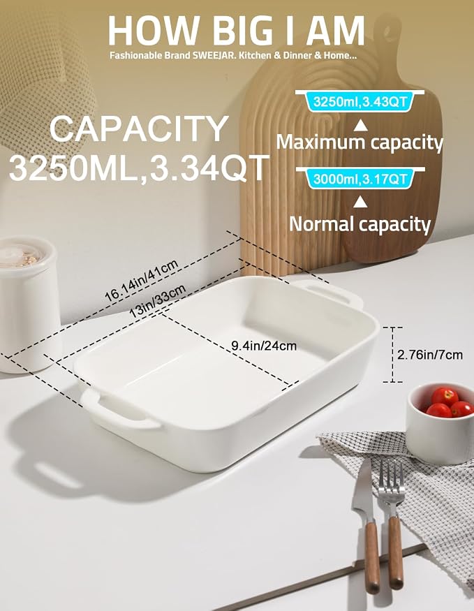 Sweejar Ceramic Bakeware Set, 9x13 Rectangular Baking Dish for Cooking, Kitchen, Cake Dinner, Banquet and Daily Use, Casserole Dishes for Oven Porcelain Baking Pans(White)