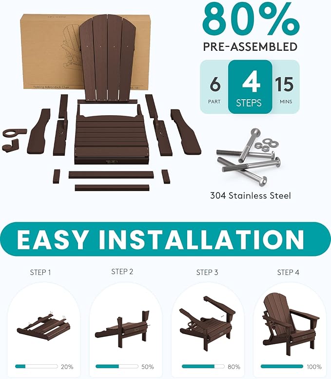 SERWALL Folding Adirondack Chair Set of 4, Weather Resistant HIPS Patio Chairs with Cup Holder for Garden Outdoors Fire Pit- Coffee