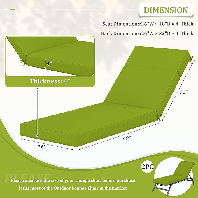 2 Pcs Chaise Lounge Cushions Outdoor, 80" L X 26" W X 4" D Lounge Chair Cushions for Outdoor Furniture, High-Density Foam Patio Chaise Cushion-Waterproof Fade-Resistant ThickPatio lounge chair cushion